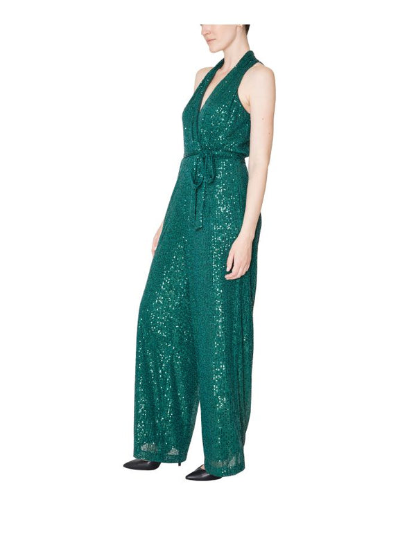 Julia Jordan Sequins Halter Sash Waist Jumpsuit Hunter