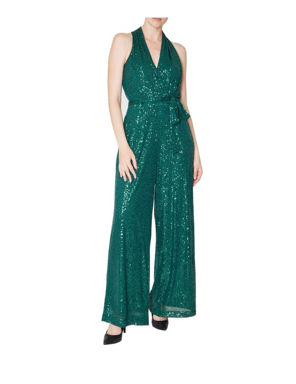 julia jordan Sequins Halter Sash Waist Jumpsuit Hunter