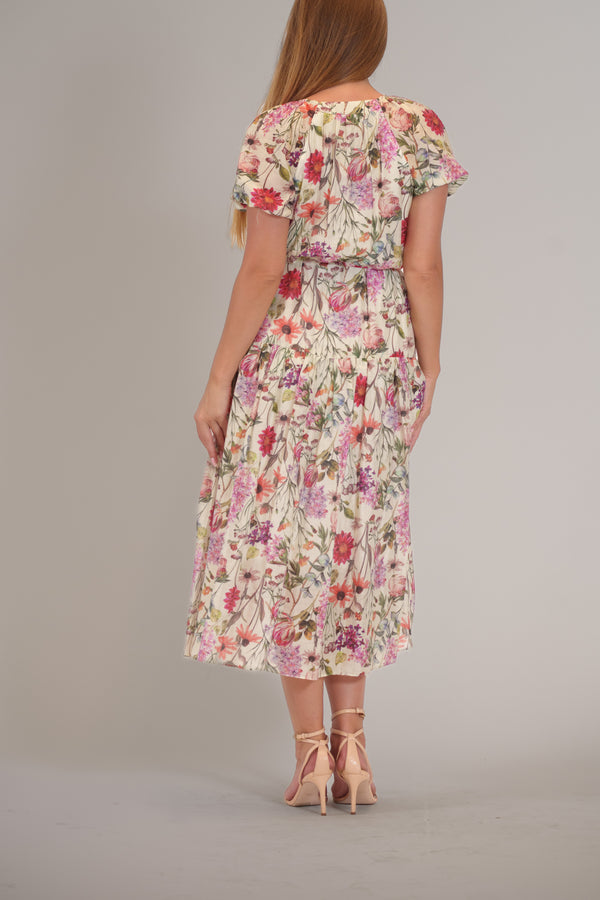 Julia Jordan SHORT BUBBLE SLEEVE PRINTED LINEN MIDI DRESS IVORY/MULTI