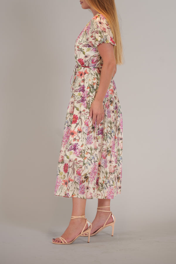 Julia Jordan SHORT BUBBLE SLEEVE PRINTED LINEN MIDI DRESS IVORY/MULTI