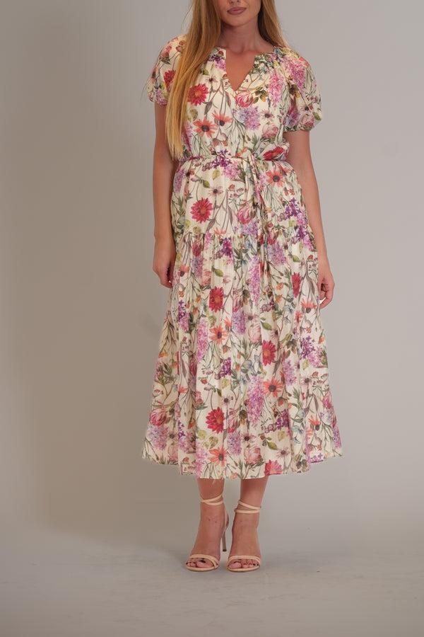 Julia Jordan SHORT BUBBLE SLEEVE PRINTED LINEN MIDI DRESS IVORY/MULTI