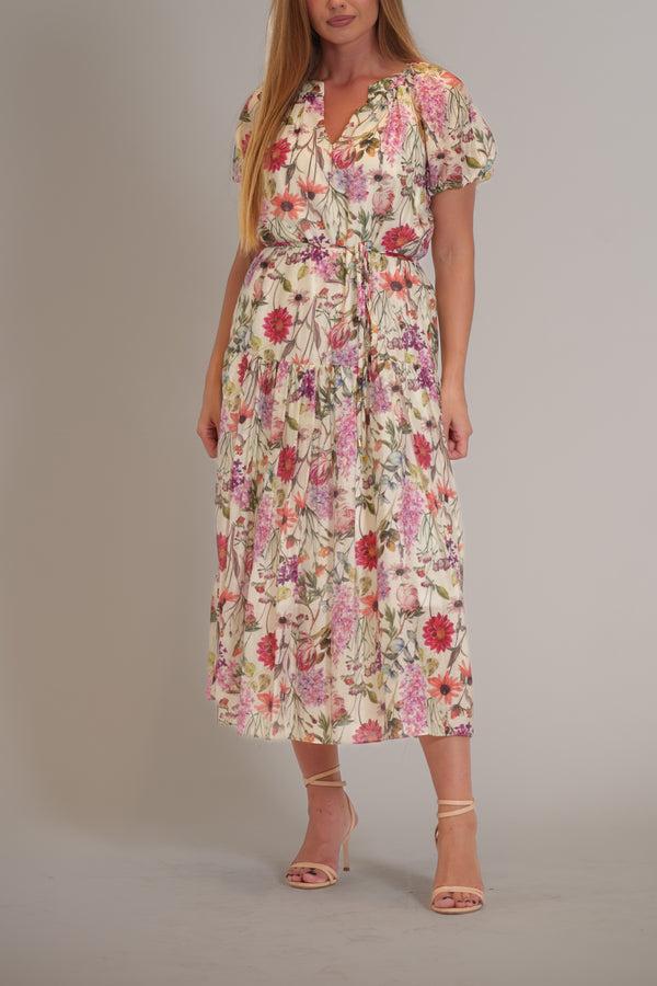 julia jordan SHORT BUBBLE SLEEVE PRINTED LINEN MIDI DRESS IVORY/MULTI