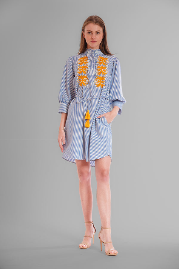 Julia Jordan SHORT DRESS W TIE WAIST & EMB. DETAILING NAVY/IVORY