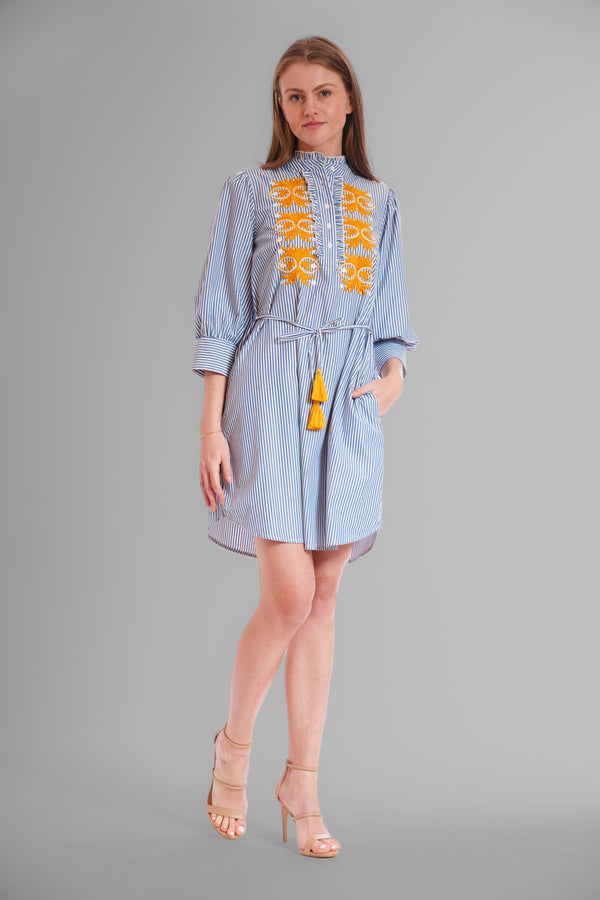 julia jordan SHORT DRESS W TIE WAIST & EMB. DETAILING NAVY/IVORY