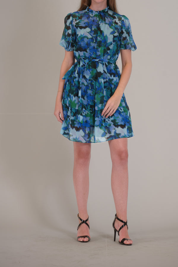 Julia Jordan SHORT PUFF SLEEVE HIGH NECK PRINTED DRESS BLUE MULTI