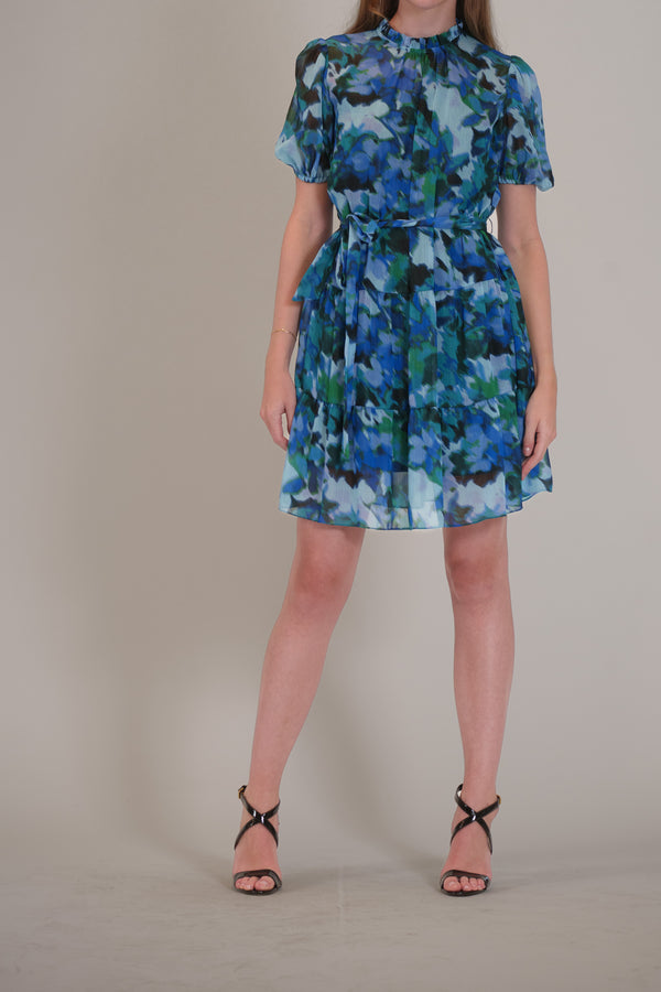 julia jordan SHORT PUFF SLEEVE HIGH NECK PRINTED DRESS BLUE MULTI