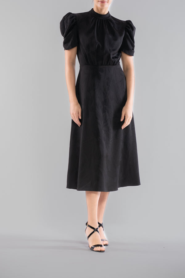 julia jordan SHORT PUFF SLEEVE MOCK NECK MIDI DRESS BLACK