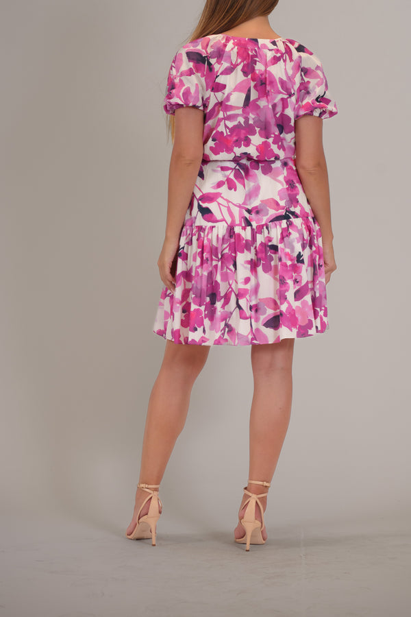 Julia Jordan SHORT PUFF SLEEVE V NECK MINI DRESS MAGENTA MULTI