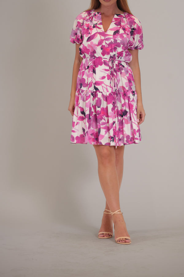 julia jordan SHORT PUFF SLEEVE V NECK MINI DRESS MAGENTA MULTI