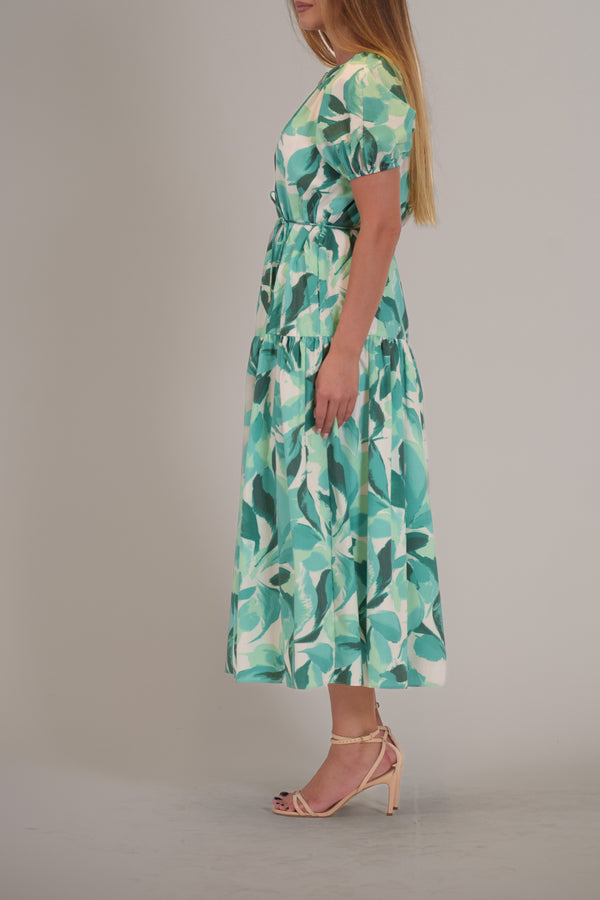 Julia Jordan SHORT PUFF SLEEVE V NECK TIERED MAXI DRESS GREEN MULTI