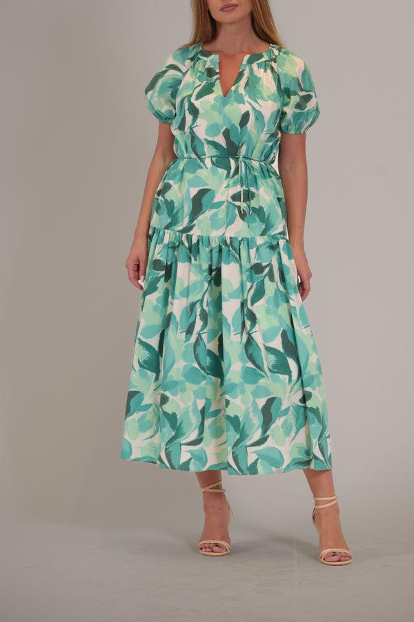 julia jordan SHORT PUFF SLEEVE V NECK TIERED MAXI DRESS GREEN MULTI