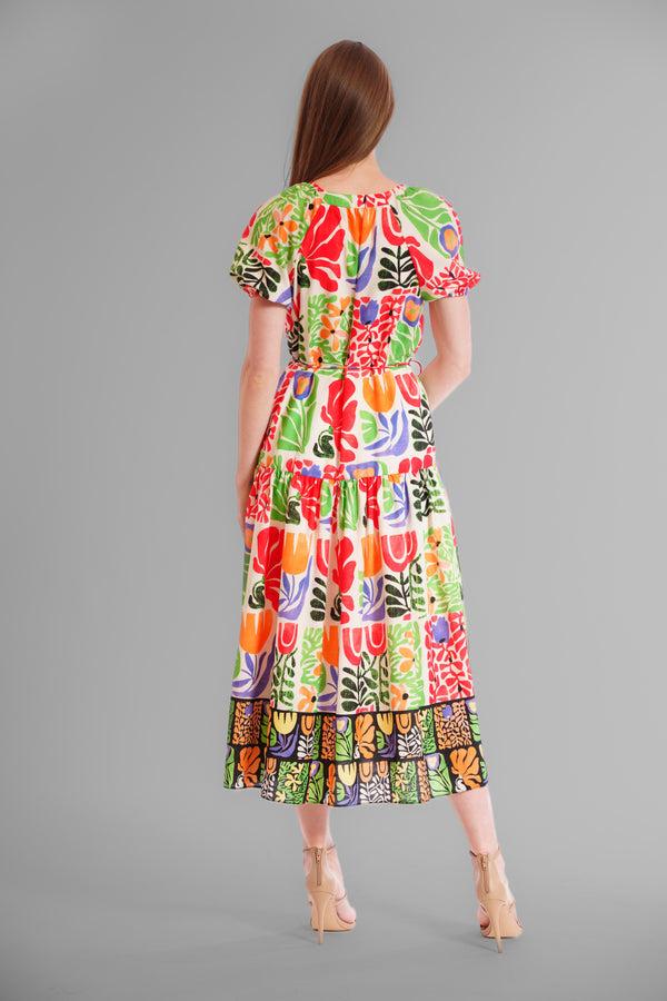 Julia Jordan SHORT PUFF SLEEVE V NECK TIERED MAXI DRESS IVORY/MULTI