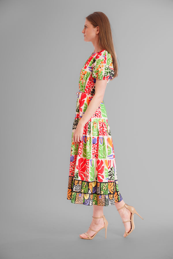 Julia Jordan SHORT PUFF SLEEVE V NECK TIERED MAXI DRESS IVORY/MULTI