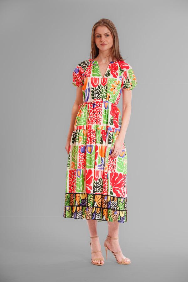 Julia Jordan SHORT PUFF SLEEVE V NECK TIERED MAXI DRESS IVORY/MULTI