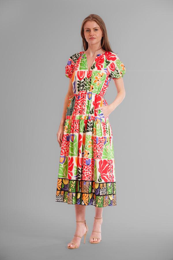 julia jordan SHORT PUFF SLEEVE V NECK TIERED MAXI DRESS IVORY/MULTI