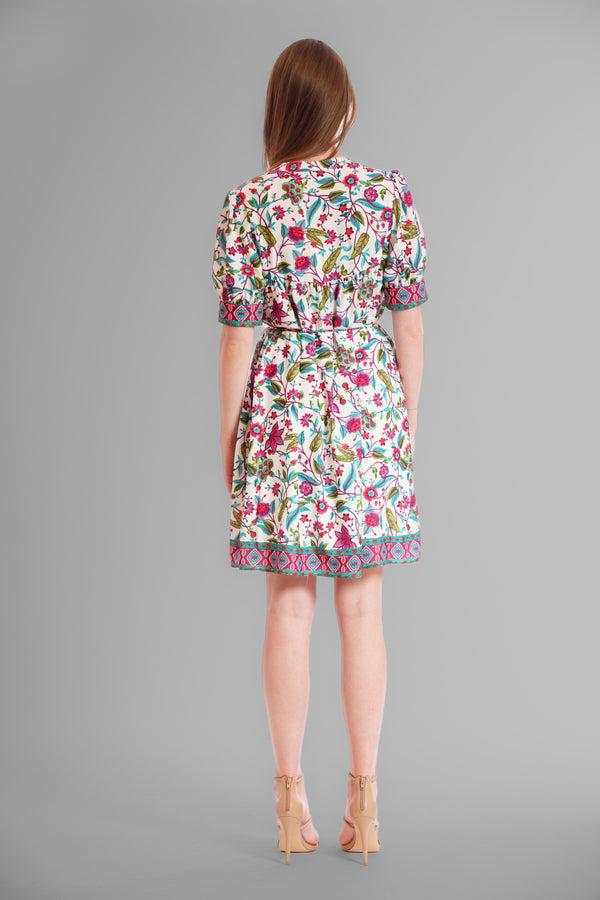 Julia Jordan SHORT PUFF SLV TIE NECK LNGTH PNTED DRESS WHITE/MULTI