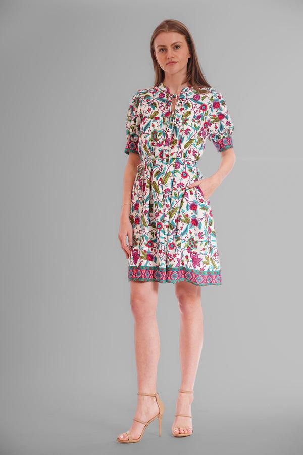 Julia Jordan SHORT PUFF SLV TIE NECK LNGTH PNTED DRESS WHITE/MULTI