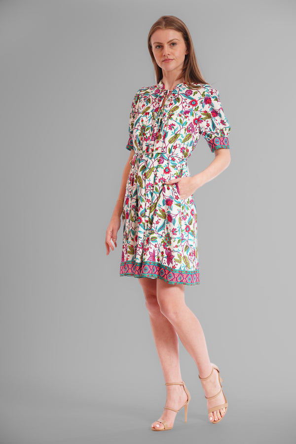 julia jordan SHORT PUFF SLV TIE NECK LNGTH PNTED DRESS WHITE/MULTI