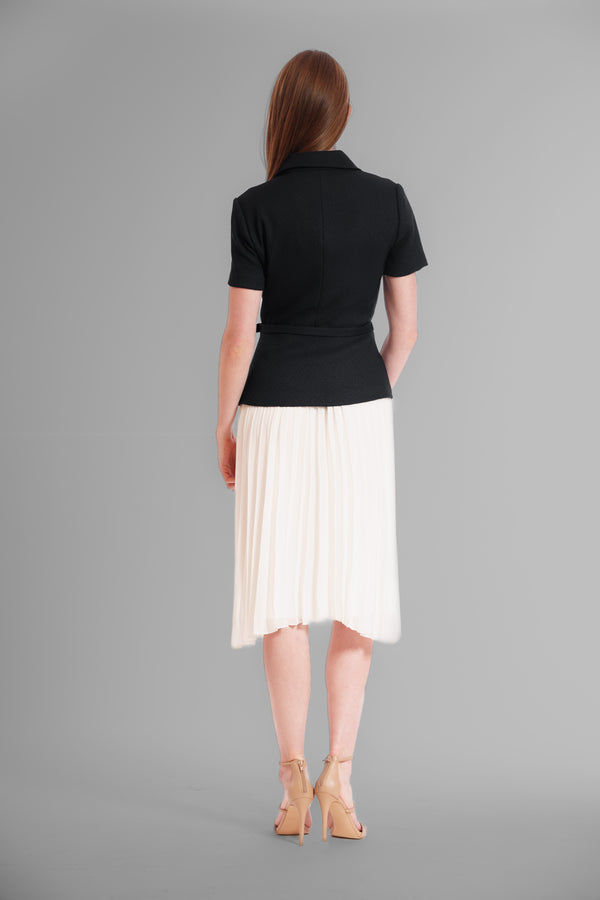 Julia Jordan SHORT SLEEVE BUTTON FRONT PLEATED JACKET DRESS BLACK IVORY