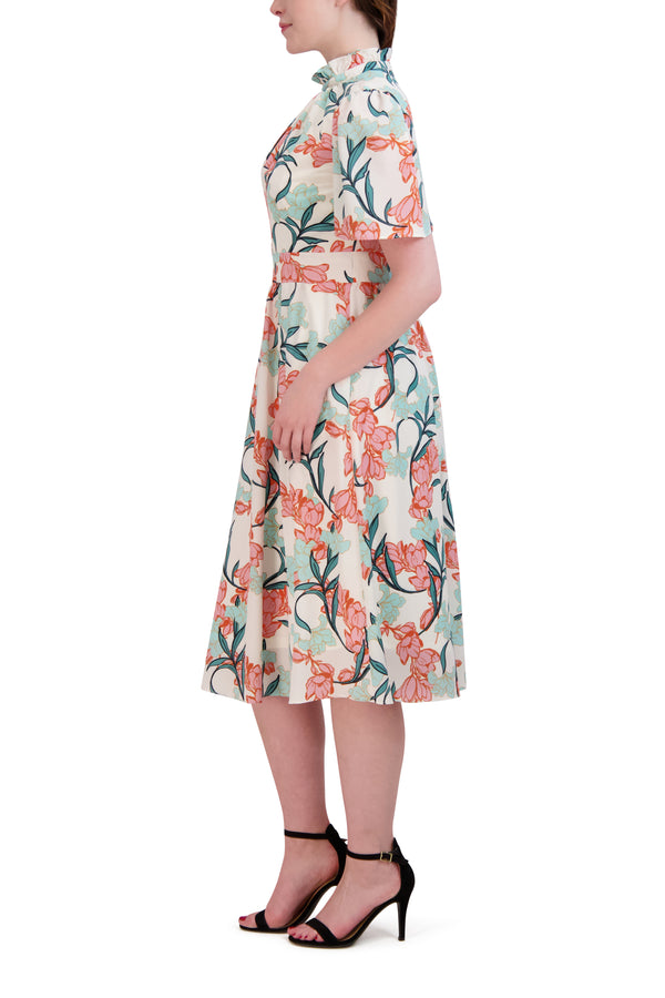 Julia Jordan SHORT SLEEVE MOCK NECK DRESS IVORY MULTI