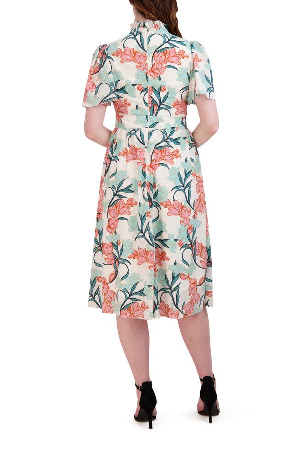 Julia Jordan SHORT SLEEVE MOCK NECK DRESS IVORY MULTI