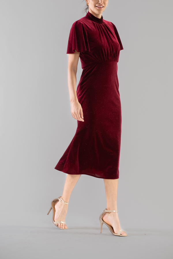 Julia Jordan SHORT SLEEVE MOCK NECK VELVET MIDI DRESS BURGUNDY