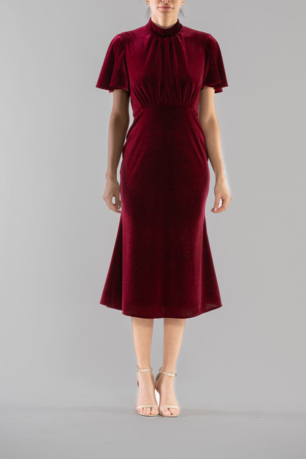 julia jordan SHORT SLEEVE MOCK NECK VELVET MIDI DRESS BURGUNDY