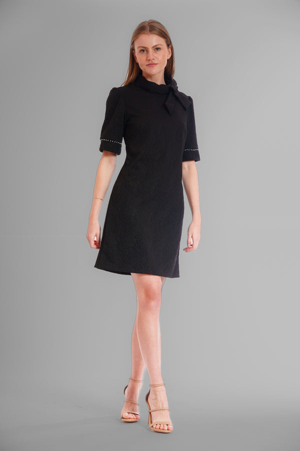 Julia Jordan SHORT SLEEVE PEARL TRIM DRESS WITH NECK BOW BLACK