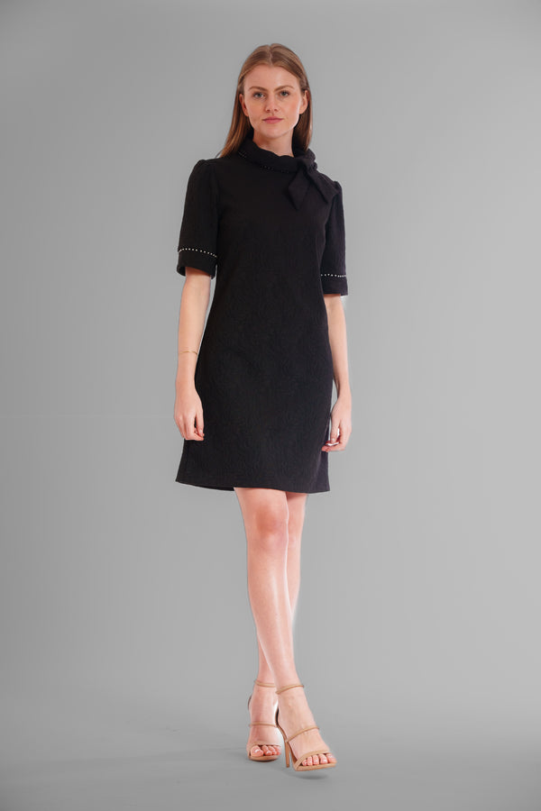 julia jordan SHORT SLEEVE PEARL TRIM DRESS WITH NECK BOW BLACK
