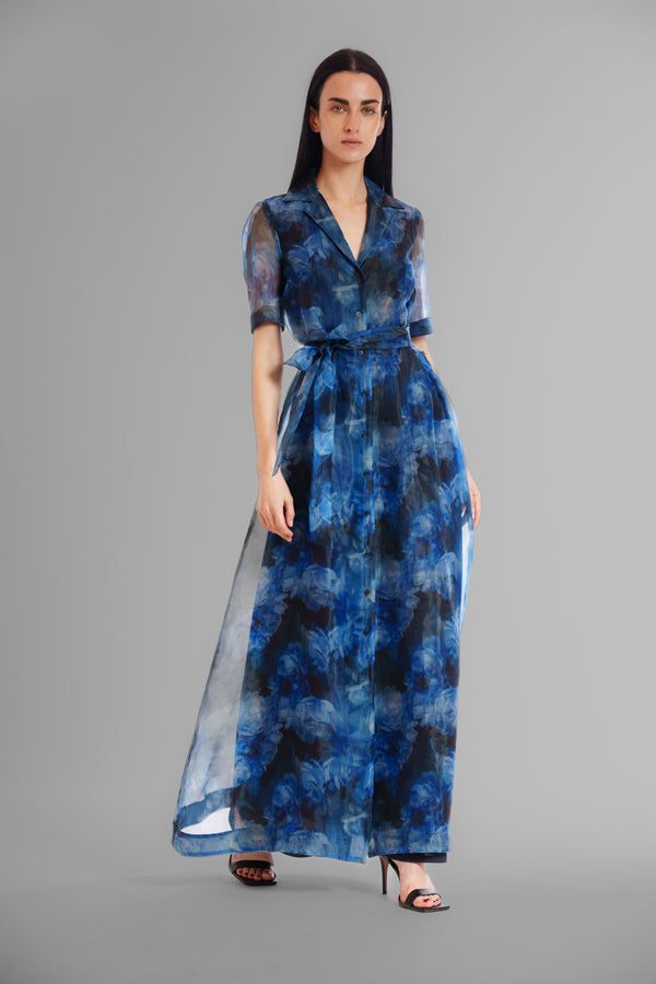 Julia Jordan SHORT SLEEVE PRINTED ORGANZA SHIRT DRESS LONG BLUE MULTI