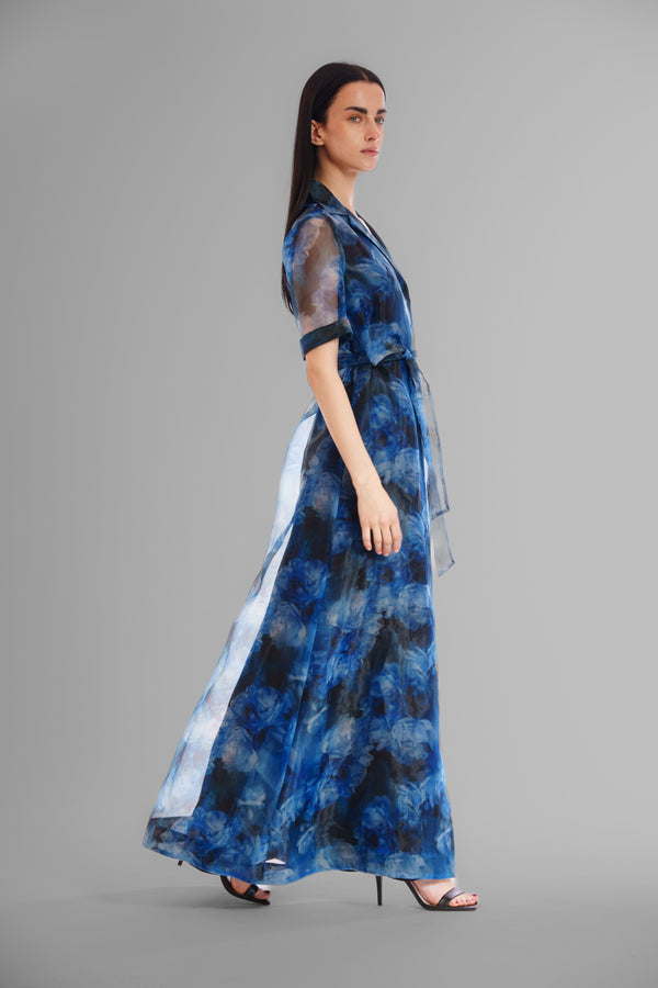 Julia Jordan SHORT SLEEVE PRINTED ORGANZA SHIRT DRESS LONG BLUE MULTI