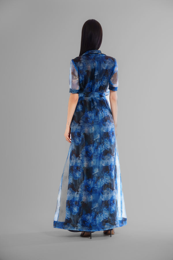 Julia Jordan SHORT SLEEVE PRINTED ORGANZA SHIRT DRESS LONG BLUE MULTI