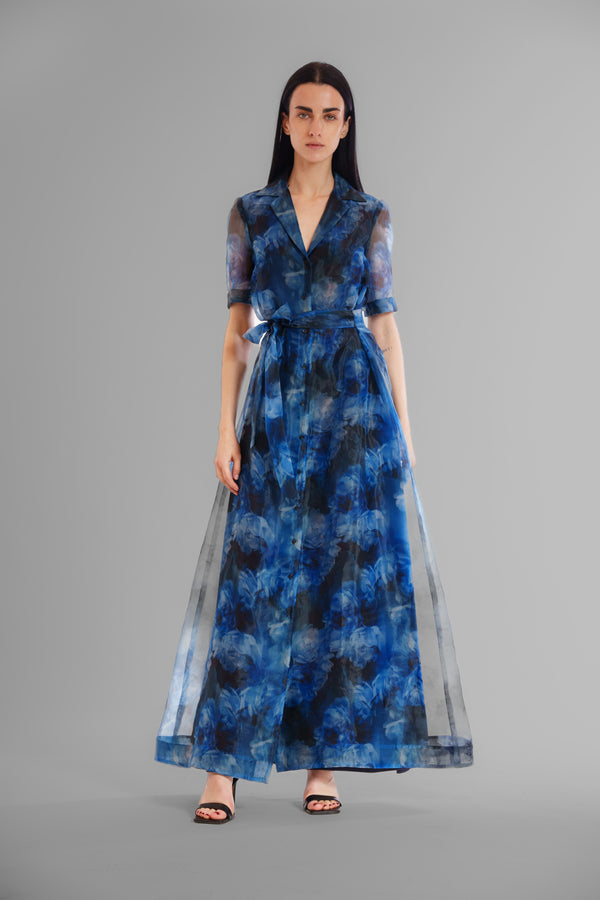 julia jordan SHORT SLEEVE PRINTED ORGANZA SHIRT DRESS LONG BLUE MULTI