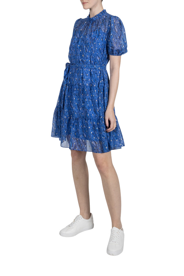 Julia Jordan SHORT SLEEVE RUFFLE NECK 3 TIER DRESS BLUE MULTI