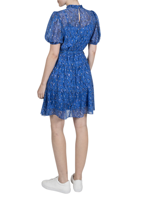 Julia Jordan SHORT SLEEVE RUFFLE NECK 3 TIER DRESS BLUE MULTI