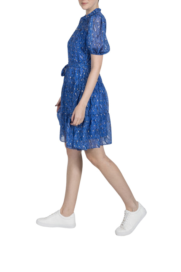 Julia Jordan SHORT SLEEVE RUFFLE NECK 3 TIER DRESS BLUE MULTI