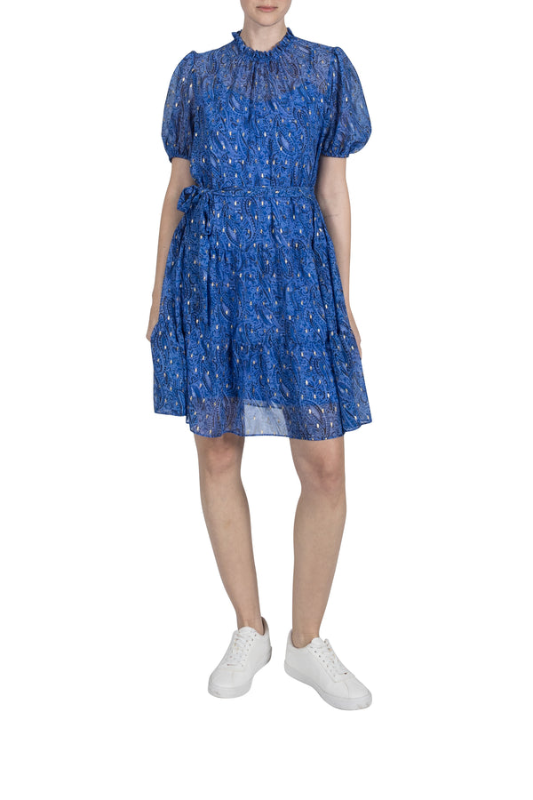 julia jordan SHORT SLEEVE RUFFLE NECK 3 TIER DRESS BLUE MULTI