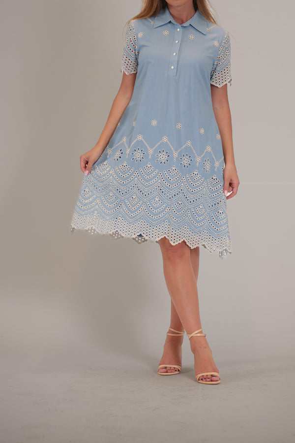 Julia Jordan SHORTSLV COTTON EYELET SHIRT DRESS BLUE IVORY