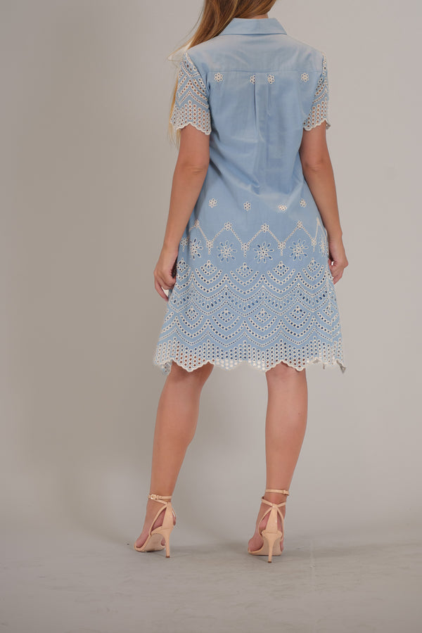 Julia Jordan SHORTSLV COTTON EYELET SHIRT DRESS BLUE IVORY