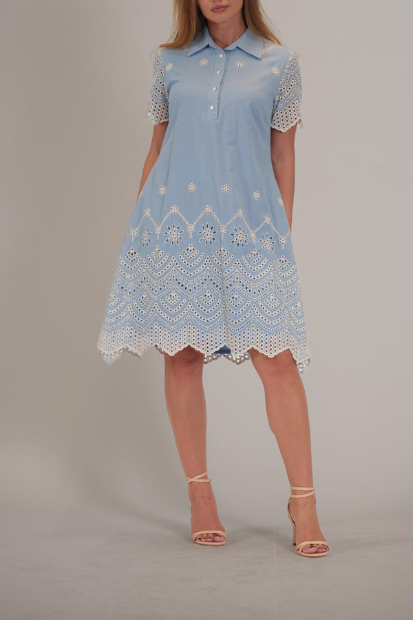 julia jordan SHORTSLV COTTON EYELET SHIRT DRESS BLUE IVORY