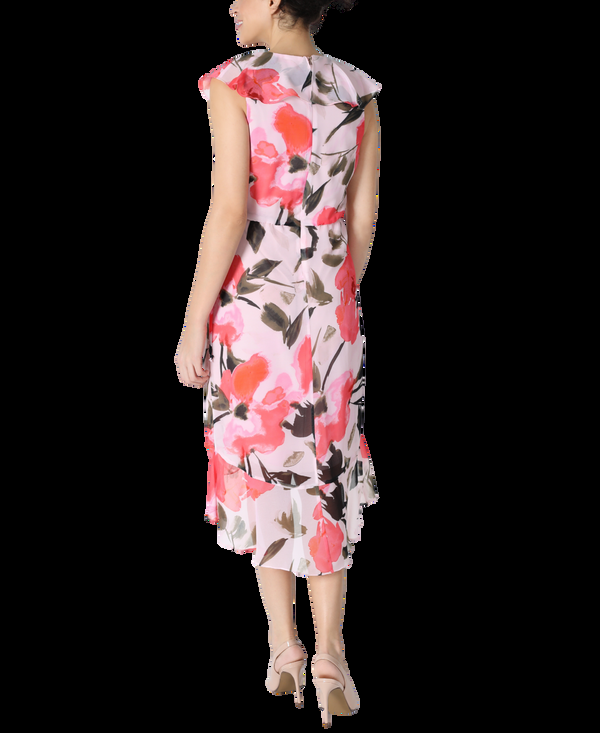 Julia Jordan Side Ruched Flutter Collar Printed Chiffon Pink Multi