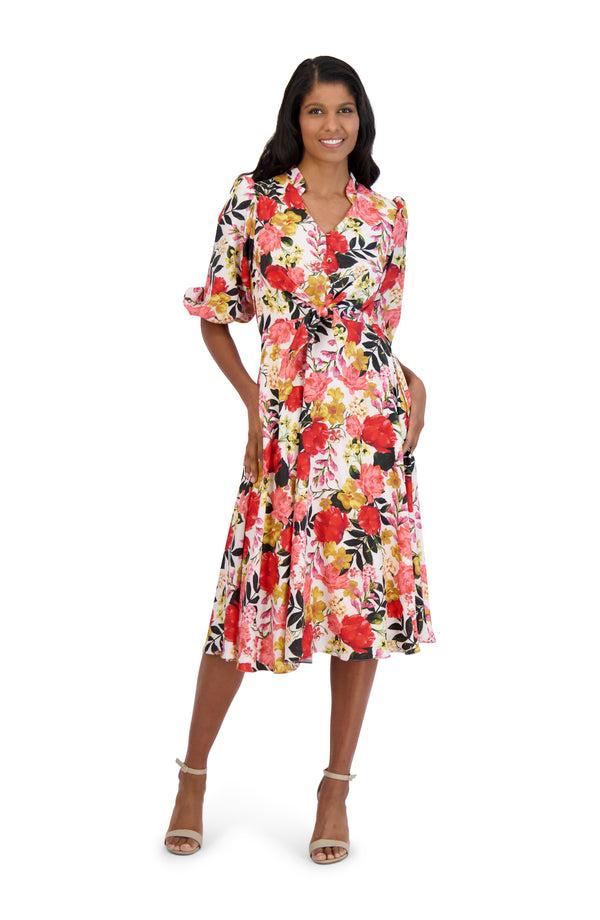 julia jordan SLEEVE TIE FRONT MIDI DRESS BLUSH MULTI