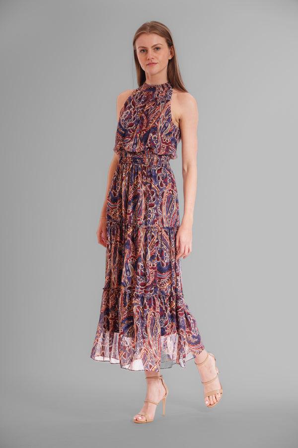 Julia Jordan SLEEVELESS HIGH NECK MAXI CHIFFON DRESS NAVY MULTI