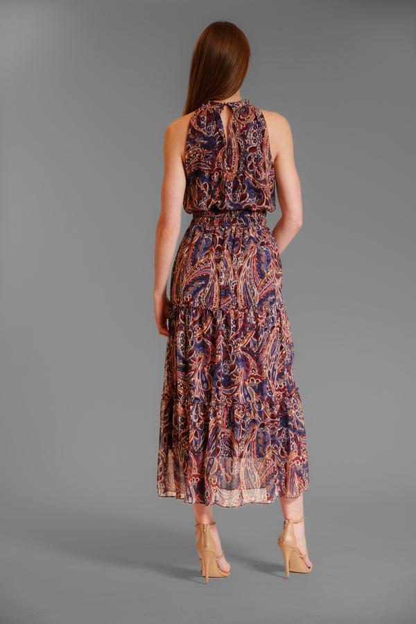 Julia Jordan SLEEVELESS HIGH NECK MAXI CHIFFON DRESS NAVY MULTI