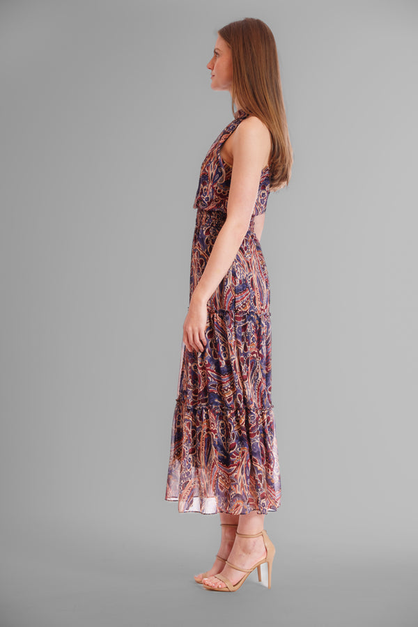 Julia Jordan SLEEVELESS HIGH NECK MAXI CHIFFON DRESS NAVY MULTI