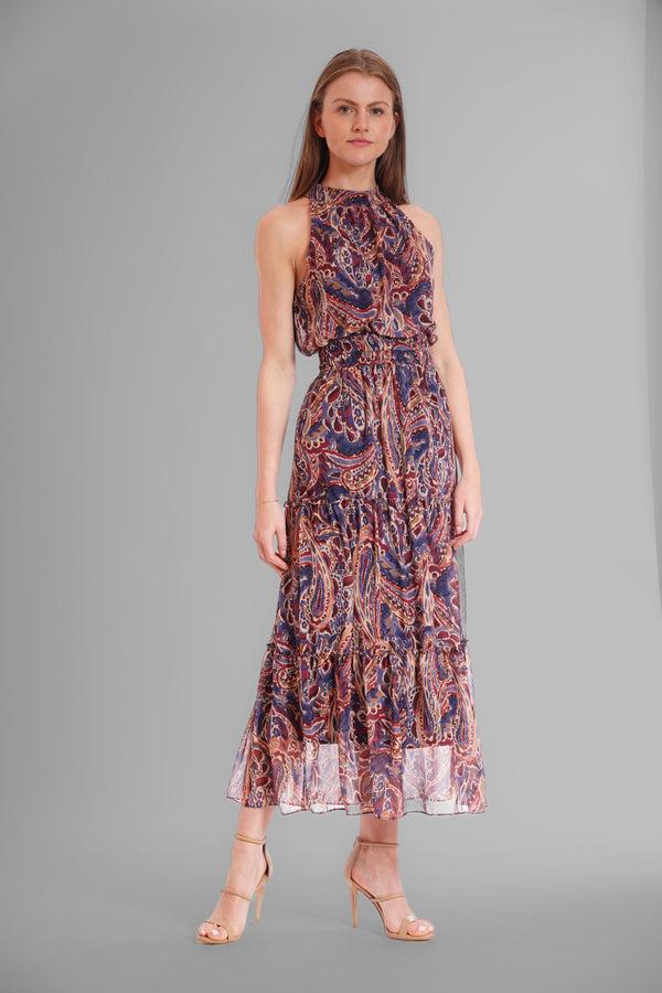 julia jordan SLEEVELESS HIGH NECK MAXI CHIFFON DRESS NAVY MULTI