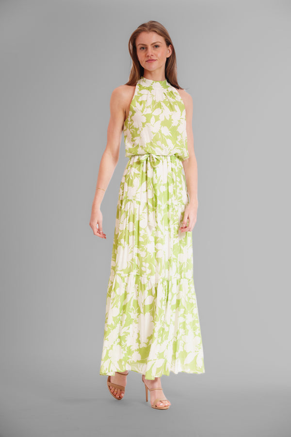 Julia Jordan SLEEVELESS HIGH NECK MAXI DRESS IVORY/GREEN