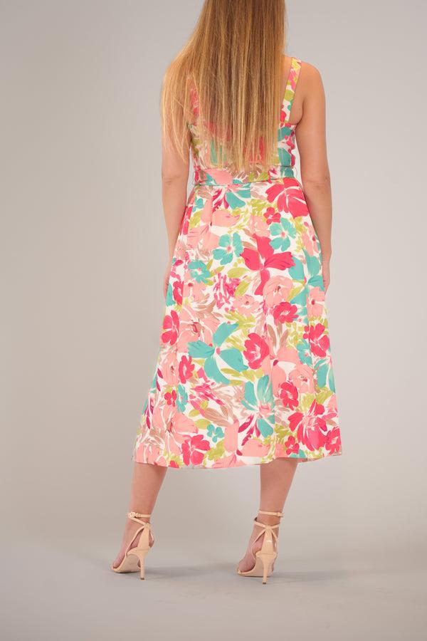 Julia Jordan SLEEVELESS MIDI DRESS W/ STRAPS AND TIE IVORY MULTI