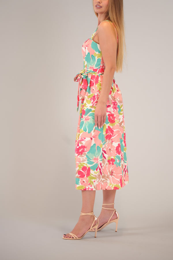 Julia Jordan SLEEVELESS MIDI DRESS W/ STRAPS AND TIE IVORY MULTI