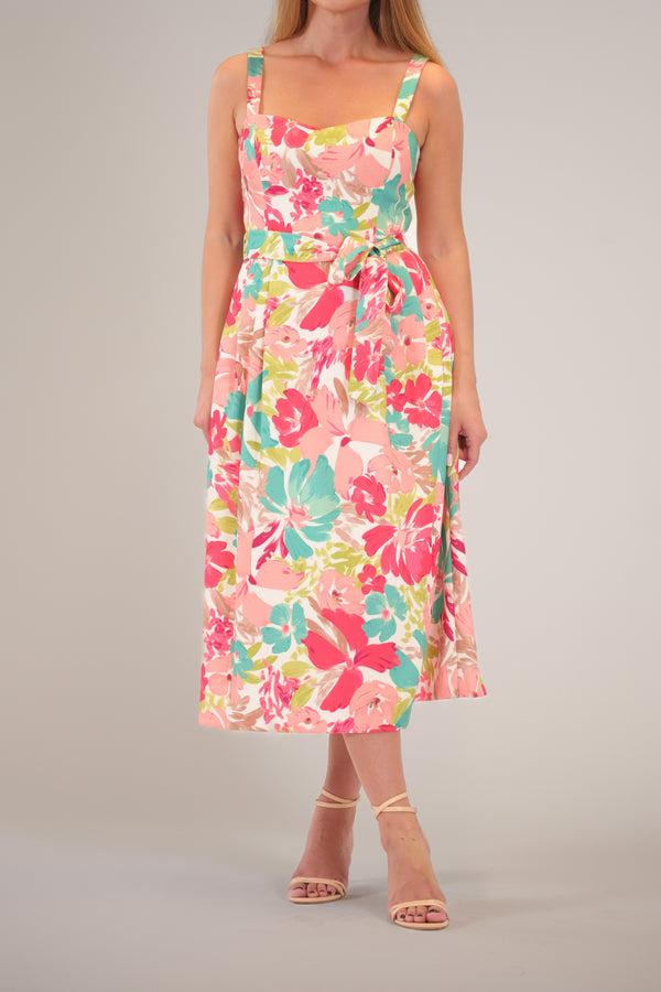 Julia Jordan SLEEVELESS MIDI DRESS W/ STRAPS AND TIE IVORY MULTI